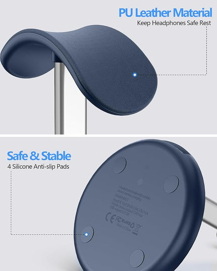 Miroddi Headphone Stand with Wireless Charger, Independent USB Charging Port, 5 in 1 Charging Station Headset Holder Rack for iWatch, iPhone, Samsung and Desk All Headphones, Dark Blue