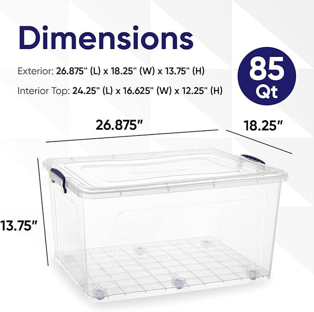 Superio Storage Bins with Lids- Clear Boxes for Organizing, Stackable Plastic Containers- BPA Free, Non-Toxic, Odor Free, Organizer for Home, Office, Dorm (6 Pack, 85 Qt (Wheeled))