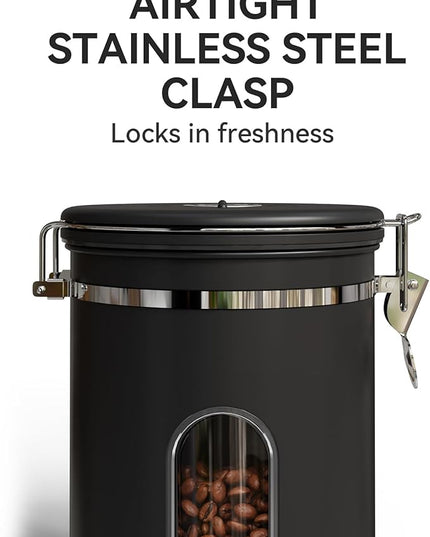 Veken Coffee Canister with Window,Airtight Stainless Steel Pantry Container,Home Kitchen Food Storage Organizers for Ground,Beans,Espresso,Rice,Tea,Sugar,Cereal, Flour,Bar Accessories,Gifts,22OZ,Black