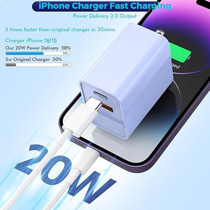 2Pack iPhone 17 Fast Charger,20W Dual USB A+C QC Wall Charger with 10FT USB C-C Charging Cord Apple Charger Fast Charging for iPhone 17/17 Air/17 Pro/16e/16/16 Pro/15/15 Pro/Pro Max/Plus(Purple/Pink)