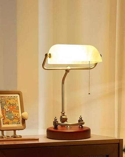 Bankers Lamp, Traditional White Desk Lamp with Solid Birch Wood Base, White Glass Antique Library Lamp with Pull Chain Switch, Plug in Vintage Bankers Desk Lamp for Office, Study Room 【E26 Socket】