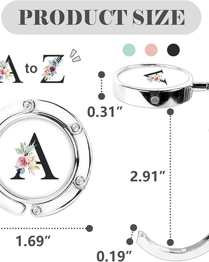 Iqimott 3pcs Personalized Initial Foldable Purse Hook for Table, Flower Letter Folding Handbag Hanger Portable Magnet Table Hook Holder, Collection Desk Purse Hooks for Women Bag (Black-A)