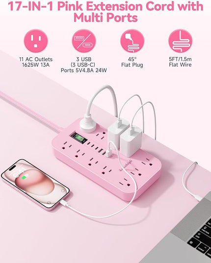 Pink Extension Cord with Multiple Outlets- 5 FT Kawaii Power Strip, Cute Extension Cord with 11 AC Outlet 6 USB (24W/4.8A), Charging Station for Cute Pink Kawaii Desk Home Room Decor Essentials Gifts