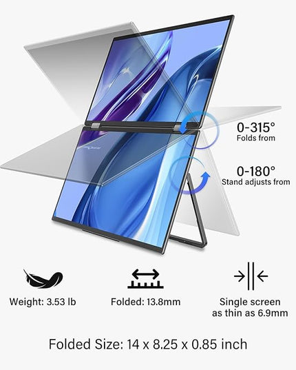 InnoView 15.6" 4K Dual Portable Monitor 3840x2160P 100% sRGB | Owl Eye Vision - Foldable Design with 315° Screen Adjustment, 180° Stand | DP/USB-C/HDMI, Dual Screen Extender for Laptop, Mac, Windows