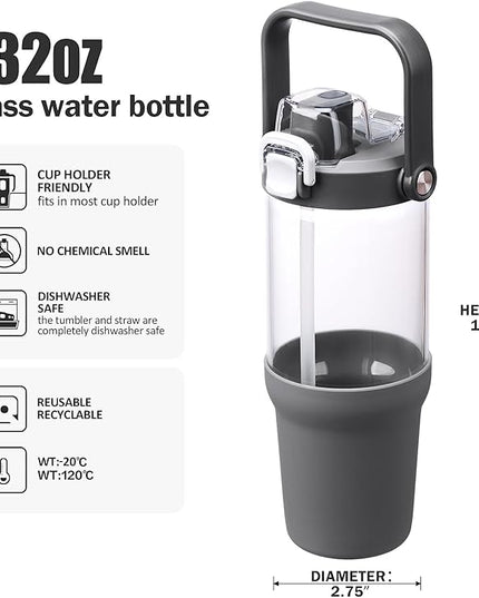 Glass Tumbler with Carry Handle, Clear Glass Water Bottle with Leakproof Lid, Spout Lid&Straw, BPA-Free, 32 oz, Grey