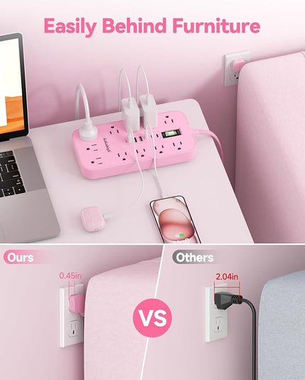 Pink Extension Cord with Multiple Outlets- 5 FT Kawaii Power Strip, Cute Extension Cord with 11 AC Outlet 6 USB (24W/4.8A), Charging Station for Cute Pink Kawaii Desk Home Room Decor Essentials Gifts