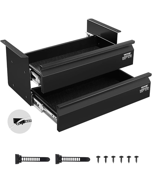 VEVOR Under Desk 2 Layer Slide Out Drawer, 16 inch Under Desk Pull-out Drawer for Home Office Sit Stand Workstation, Black