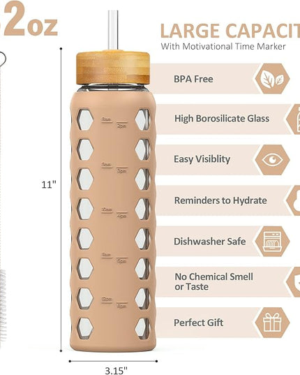 MUKOKO 32oz Glass Water Bottles with 2 Lids-Handle Spout Lid&Bamboo Straw Lid, Motivational Water Tumbler with Time Marker Reminder and Silicone Sleeve, Leakproof-Amber-1 Pack