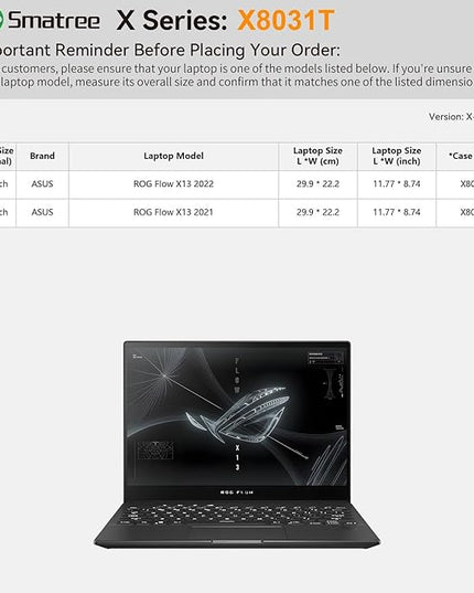 Smatree Hard EVA Protective Sleeve Case Compatible for 13.4 inch ASUS ROG Flow X13 2023/2022/2021 Waterproof Slim Sleeve Bag (X8031T)