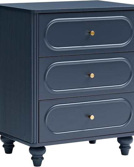3 Drawer Fluted Dresser for Bedroom, Mid Century Modern Chest of Drawers, Wood Storage Small Dresser Organizer for Bedroom Living Room Hallway Closet, Blue