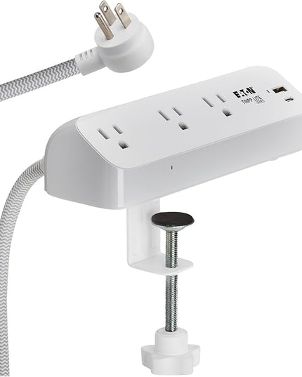 Eaton Tripp Lite Series Desk Clamp Power Strip Surge Protector, 3-Outlets, USB-A & USB-C Charging Ports, 900 Joules, 8ft Braided Flat Extension Cord, Lifetime Manufacturer's Warranty (TLP308U20CLAMP)