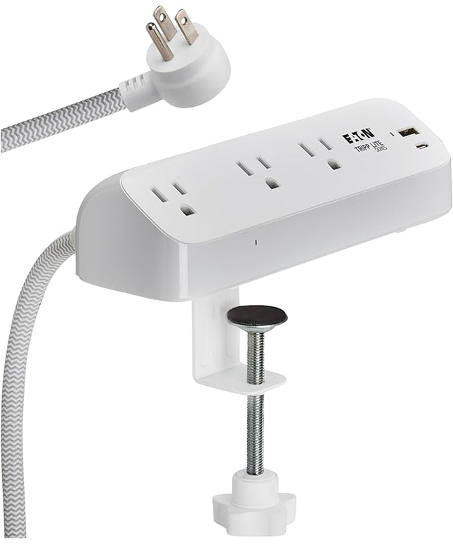 Eaton Tripp Lite Series Desk Clamp Power Strip Surge Protector, 3-Outlets, USB-A & USB-C Charging Ports, 900 Joules, 8ft Braided Flat Extension Cord, Lifetime Manufacturer's Warranty (TLP308U20CLAMP)