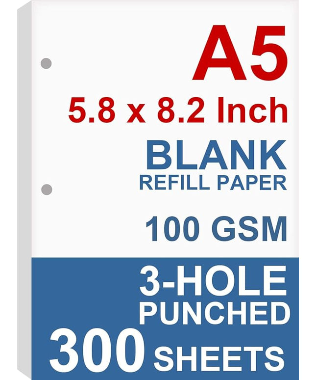 (3-Pack) A5 Filler Paper, 3 Hole Planner Refills, Organizer, Loose-leaf Binder Paper, Total 300 Sheets/600 Pages, 100gsm, Blank, White Paper, 5.8 x 8.2 Inch, 3 Hole Filler Paper, Mini Binder Refills