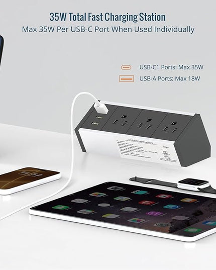 Tecmojo Desk Clamp Power Strip 3 Outlet with 1 USB A and 2 USB C Ports, 6 ft Cord, Desk Outlet Station Fit 1.6" Tabletop Edge,ETL Listed,Black