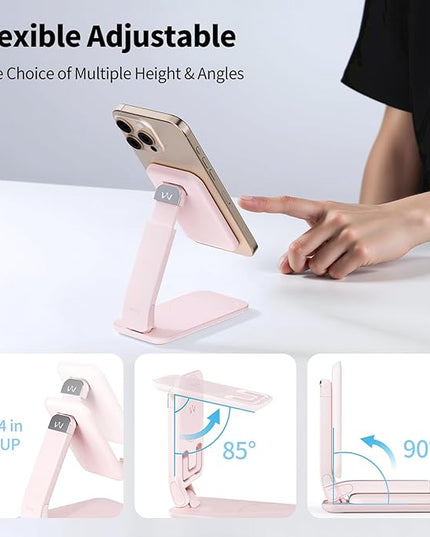 iWALK Magnetic Cell Phone Stand for Desk, Angle and Height Adjustable Mobile Phone Holder, Foldable Magnet Stand for iPhone 17 16 15 14 13 12 Pro Max and iPad, Cell Phone Holder for Samsung, Pink