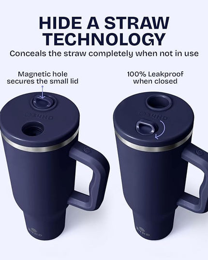 34HD 40 oz Stainless Steel Tumbler - Leakproof Insulated Water Bottle with Handle, Magnetic Lid and Flexible Straw - Iced for 48 Hours – Perfect for Men, Women, Birthday Gift, Navy - Deep Sea Blue
