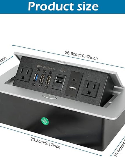 Table Pop up Power Strip Box Desktop Pop Up Outlet Recessed Multimedia Strip Socket Conference Table Power Hub Hidden Table Connection Box with Outlet Network HDMI for Office Desk (Sliver-D)