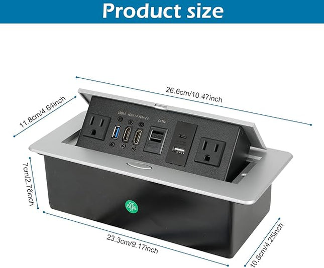 Table Pop up Power Strip Box Desktop Pop Up Outlet Recessed Multimedia Strip Socket Conference Table Power Hub Hidden Table Connection Box with Outlet Network HDMI for Office Desk (Sliver-D)