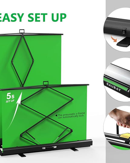 【Easy Set Up】 RAUBAY 59.8 x 82.7in Collapsible Green Screen Backdrop Portable Retractable Chroma Key Panel Photo Background with Stand for Video Conference, Photographic Studio, Streaming