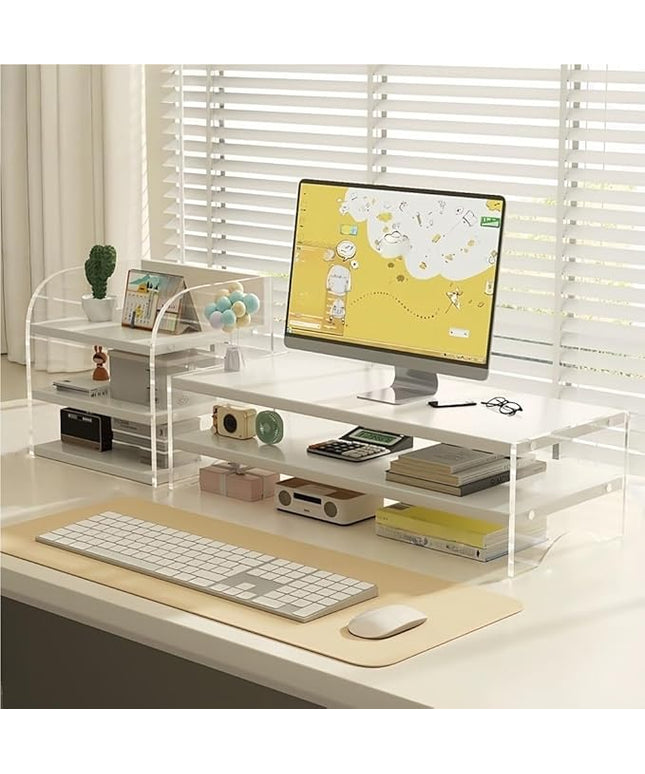 Desktop Monitor Riser Stand with Storage, Acrylic Floating Computer Stand, Multi-Level Desk Shelf Organizer for Home Office Workspace(White,2-tier)