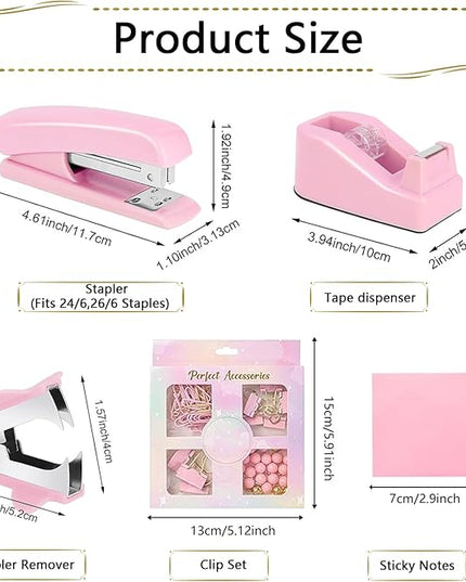 Office Supplies Set,Desk Accessories,Stapler and Tape Dispenser Set,1000 Staples,Staple Remover,Hinder Clips,Ruler,Scissor,Clear Tape,Ballpoint Pen,Sticky Notes,Gifts for Colleagues(Pink)