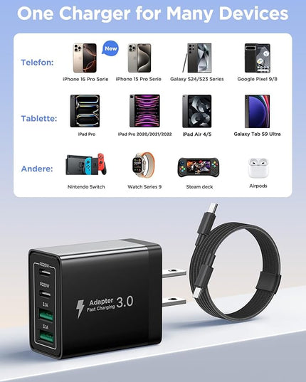 40W USB C Charger Cube, 2Pack 4-Ports Wall Plug Fast Charging Block with 6FT USBC to USBC Cord, Multiport Brick Type C Box Compatible with iPhone 16/15, Samsung S25 S24 S23, iPad, Cellphones Charger