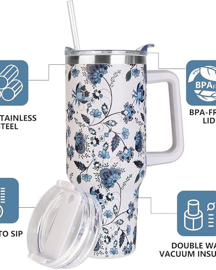 SYACOT 40 oz Tumbler with Handle and Straw Stainless Steel Insulated Tumbler Leak Proof Lid and Straw Lid Reusable Travel Mug Coffee Mug Cup Dishwasher Safe Keep Drinks Cold and Hot (Ceramics)