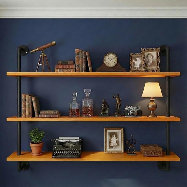 Industrial Pipe Wall Shelves - 36" Rustic Natural Oak Solid Wood Shelf, 9.85" Deep Industrial Pipe Floating Shelving for Farmhouse Rustic Decor, Sturdy Storage for Books/Plants/Toiletries