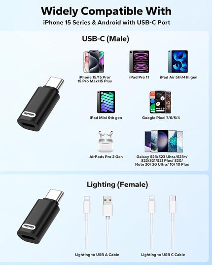 MoKo Lightning to USB C Adapter for iPhone 17 Air 16 15 Pro Max Plus, Galaxy S25 S24 S23, iPad Pro/Air, 2 Pack USB-C to Lightning Adapter for Fast Charging/Data Transfer, Not for Audio/OTG, Black PD