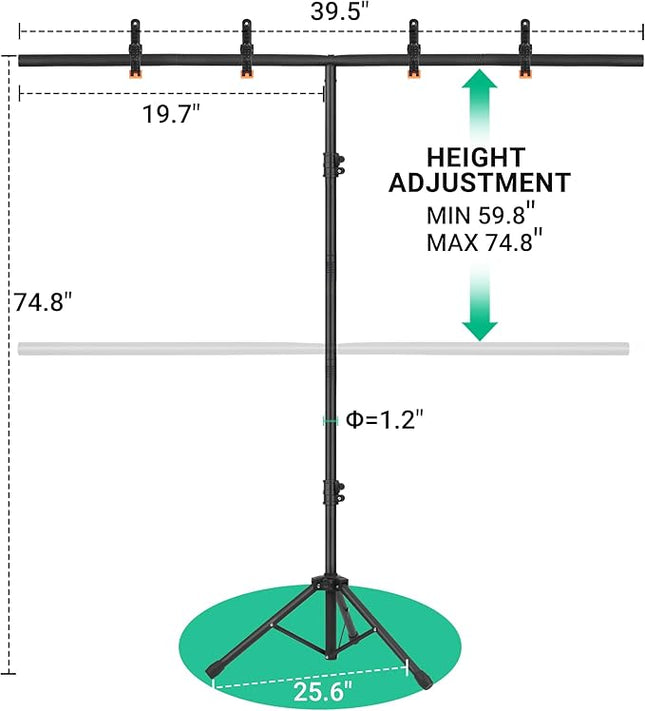T-Shape Portable Backdrop Stand, 6.5x3.2ft Adjustable Photo Background Stand Kit, Sturdy Small Back Drop Holder with 4 Spring Clamps, Carry Bag for Parties, Photography and Video Studio