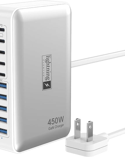 USB C Charger Hub 450W, 10 Ports Charging Station for Multiple Devices, Type C Port 140W Max for Laptops Super Fast Charging, GaN Tech Charging Blocks Comapct Design, Ultra Slim Flat Plug