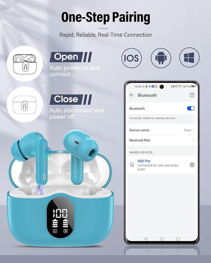 Btootos Wireless Earbuds, Bluetooth 5.4 Headphones Bass Stereo, Ear Buds with Noise Cancelling Bluetooth Earbuds 36H Classic Ice Blue