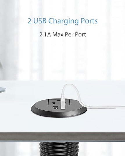 Jgstkcity Desktop Power Grommet, 2 inch, Black, 1 AC Outlet and 2 USB Ports, 6.56ft Cable, Fire Resistant Outer Shell