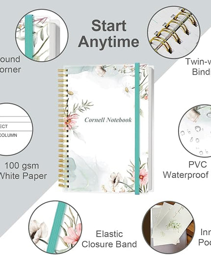 Yaridar A5 Cornell Notes Notebook - College Spiral Cornell Notebooks for Note Taking, Subject College Ruled Steno Pads for Office/School/Home, 5.8" x 8.5", Pink Flower