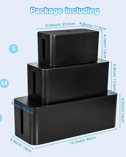 Cable Management Box, 3 Pack Cord Organizer Boxes with 33 PCS Cable Management Set to Cover Hide Power Strip, Surge Protector Under Desk & on Floor, Wire Concealer for Home Office Computer TV (Black)