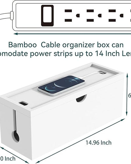 Bamboo Cable Management Box, Large Cord Organizer Box Cable Box to Hide Wires & Power Strips for Desktop Storage Cord Holder for Office Home,No Assembley Required (All White, Large)