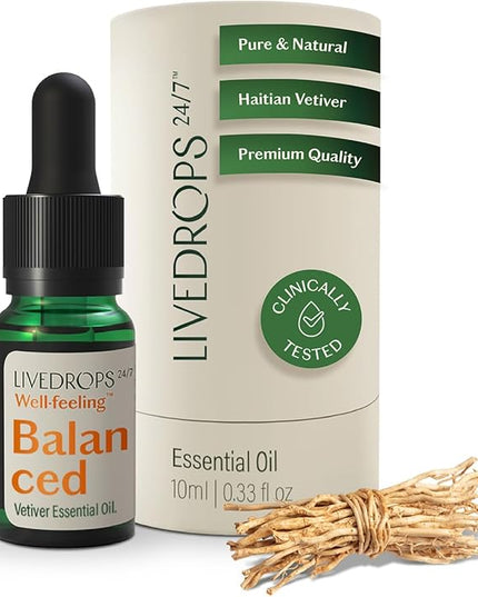 LIVEDROPS 24/7 Balanced Vetiver Essential Oil, Natural Vegan Aromatherapy for Diffuser or Diluted Skin Use, Earthy Woody Scent, Origin Haiti, Made in USA, Clinically Tested, 10ml
