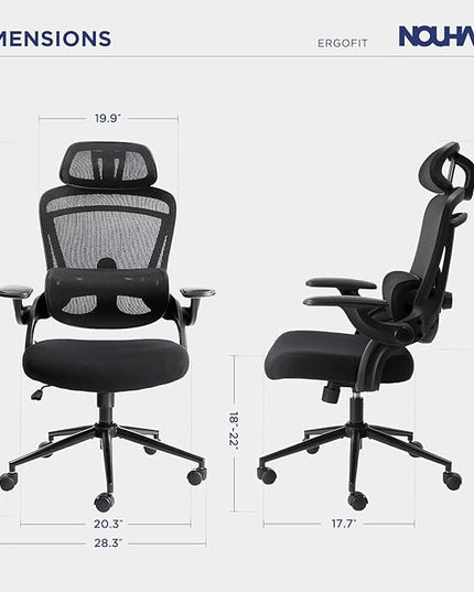 Nouhaus Ergonomic Mesh Office Chair Adjustable Lumbar Support and Flip-up Armrests High Back Headrest, Tilt Function Comfy Computer Gaming Chair Swivel Desk Chairs (Ergo Fit,Dark Black)