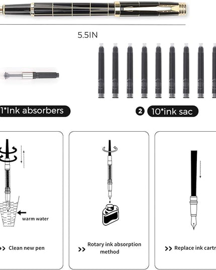 Tiankool Luxury Fountain Pen,Fine Nib, Exquisite Pen Gift Set for Men&Women-Includes 10 Ink Cartridges&Ink Converter- Nice Pens - Black - Gold Plaid