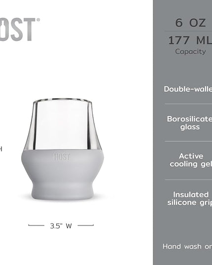 Host Glass Sipping FREEZE Insulated Drinking Glasses for Bourbon, Double Walled Glasses with Active Cooling Gel, Glass Cups Gray 6oz Set of 2