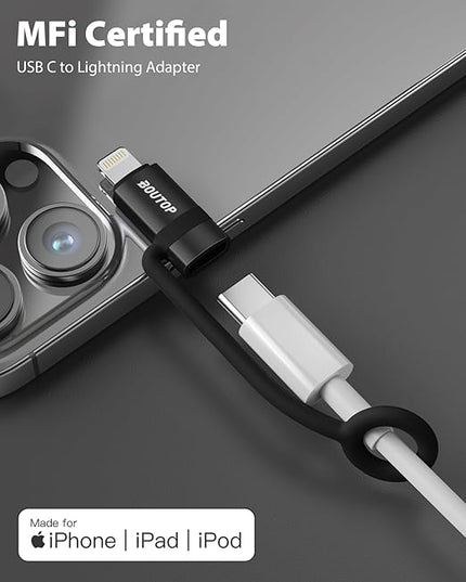 [MFi Certified] 36W USB C to Lightning Cable Adapter, Support Data Sync/PD Fast Charging Compatible with iPhone iPad AirPods, with Anti-Lost Holder - Black 2 Pack