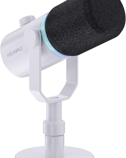 FEELWORLD PM1 XLR USB Dynamic Microphone with Desktop Stand Gifts for Podcast Recording PC Computer Gaming Streaming Vocal Voice-Over, Studio Metal Mic, RGB Light, Mute Button, Headphones Jack (White)