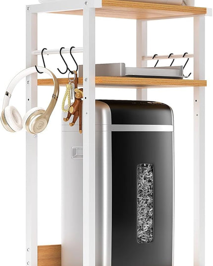 YMYNY Mobile Printer Stand, 3-Tier Printer Cart with Adjustable Storage Shelf and 6 S-Hooks, Tall Printer Table for Home Office, for Computer Tower Stand, Shredder, CPU Stand, Natural, UHPT002N