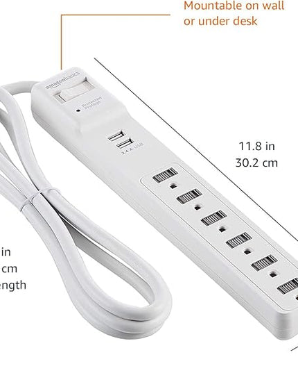 Amazon Basics Power Strip Surge Protector with 6 Outlets, 2 USB Ports, 1000 Joule Protection, 6-Foot Extension Cord, White