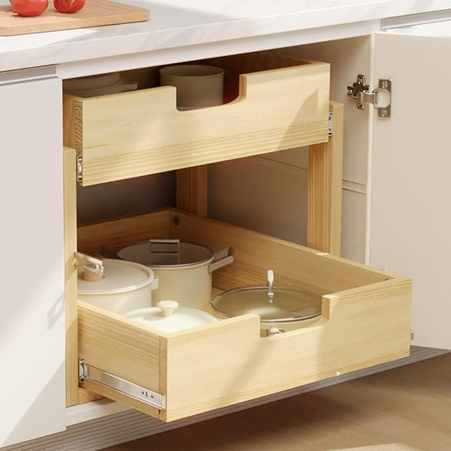 Gsskny Pull Out Cabinet Organizer, 26''W×21''D Sliding Drawers for Cabinets, 2 Tier Soft Close Slide Out Wooden Pull out Drawers, Base Cabinet Organization for Kitchen, Pantry, Bathroom