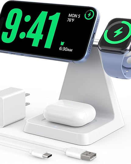 Charging Station for Multiple Devices Apple: 3 in 1 Magnetic Wireless Charger Stand for MagSafe-Compatible Nightstand Charging Dock for iPhone 17 16 15 14 13 12 Pro Max Plus Apple Watch Airpods