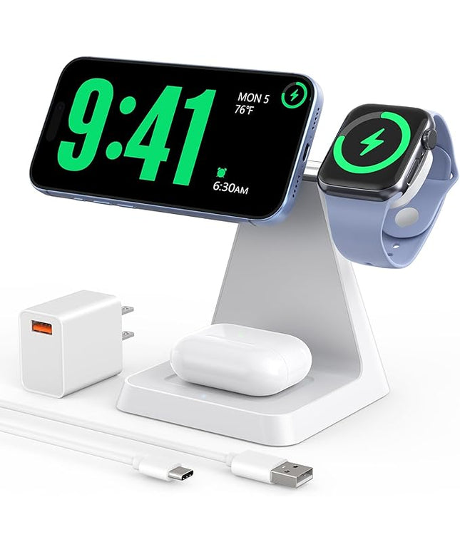 Charging Station for Multiple Devices Apple: 3 in 1 Magnetic Wireless Charger Stand for MagSafe-Compatible Nightstand Charging Dock for iPhone 17 16 15 14 13 12 Pro Max Plus Apple Watch Airpods