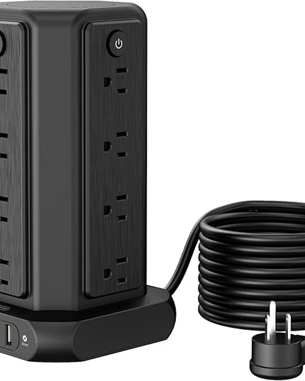 Surge Protector Power Strip Tower with USB Ports, 15 FT Extension Cord Tower with 16 Widely Spaced Outlets 4 USB Ports, 1080 Joules, Overload Protection, Flat Plug Power Strip for Home, Office, Black