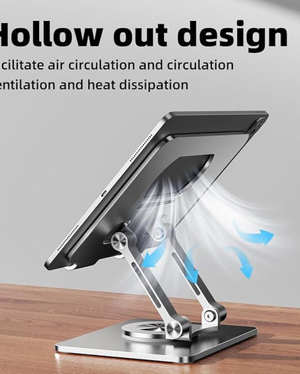 iPad Holder Stand, Tablet Holder with Thickened 360° Rotating Base Dual Rod Adjustable Aluminum Stand for All 4-12.9’’ iPad Surface Samsung Phone Tablet Kindle E-Reader and More, Silver