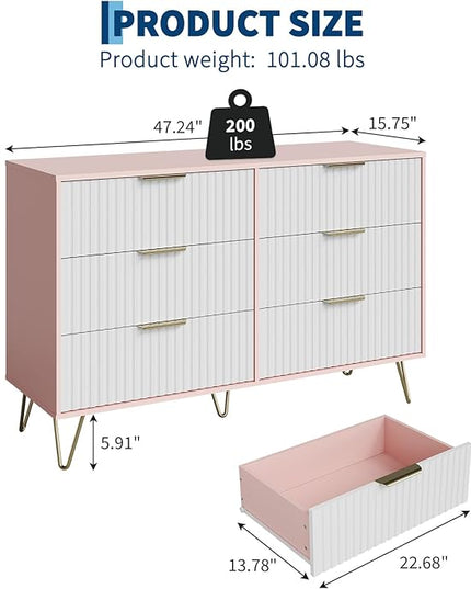 Garvee Fluted Dresser for Bedroom with 6 Drawers,47" Wide Modern Chest of Wooden Bedroom Chest with Metal Handle,Clothes Storage Organizer,Closet Dresser & TV Stand for Living Room,Hallway,6&Pink
